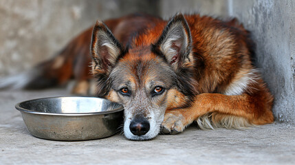 Obraz premium A dog enjoying a meal from its bowl depicting food allergies in a cozy kitchen environment with a focus on the pet's happiness.