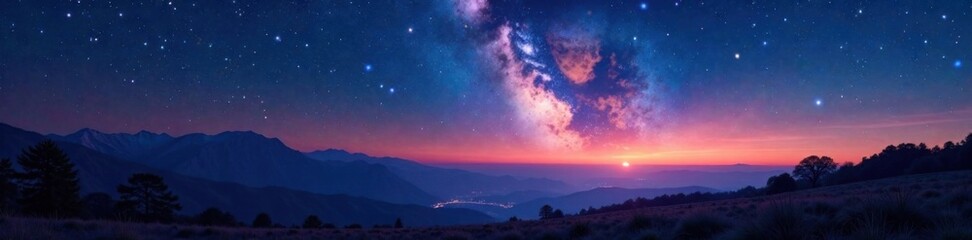 Fototapeta premium Celestial tapestry of twinkling stars above a serene landscape at dusk, nature, darkness