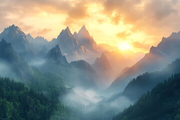 Majestic Sunrise Over Misty Mountain Ranges