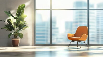 Fototapeta premium Modern Minimalist Room Design: Orange Chair by Window