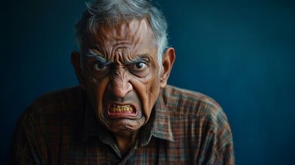 Fototapeta premium Elderly South Asian male showing intense anger, against a plain dark blue background.