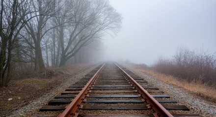Fototapeta premium Foggy railroad track through bare trees and shrubs, creating eerie, mysterious atmosphere