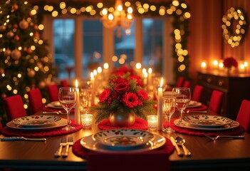 vibrant holiday decor showcased festive dining table featuring colorful decorative joyful ambiance, celebration, centerpiece, tableware, ornament, candle
