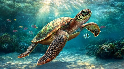 Obraz premium A majestic sea turtle swimming in the ocean with colorful fish