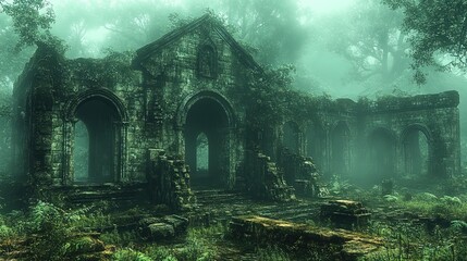 Fototapeta premium Dilapidated building facade overtaken by nature in a green, misty environment