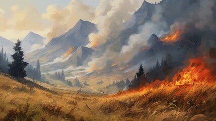 Fototapeta premium Dramatic scene a forest and mountain with wildfires with smoke clouds landscape. AI generated image