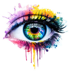 Vibrant colorful eye watercolor paint isolated on transparent background