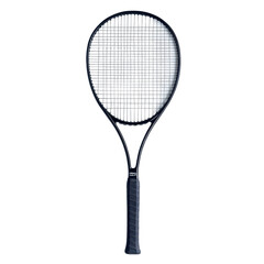 A tennis racket featuring a black handle and black strings, positioned against a neutral background.