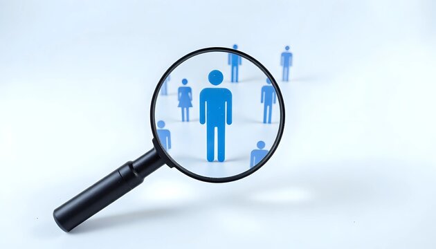 Magnifying glass focusing on a blue human figure among a crowd - talent acquisition concept
