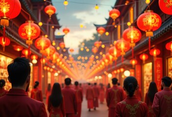 Naklejka premium vibrant colorful decorations lanterns celebrating lunar new year festivities rich cultural elements bright themes, festival, celebration, light, tradition