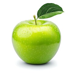 A vibrant green apple with a fresh leaf, glistening with moisture, symbolizing health and freshness.
