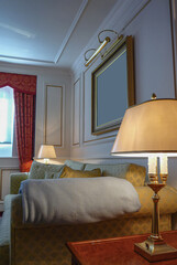 Luxurious mini junior suite stateroom cabin room onboard luxury cruise ship cruiseship liner with...