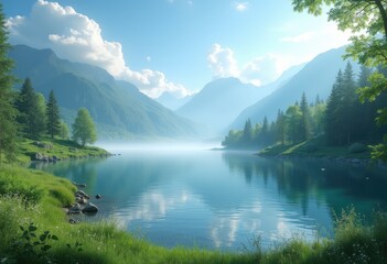 mindful reflection tranquil nature setting calm water peaceful landscape serene wilderness greenery, tree, pond, forest, scenery, path, sky, cloud, hill