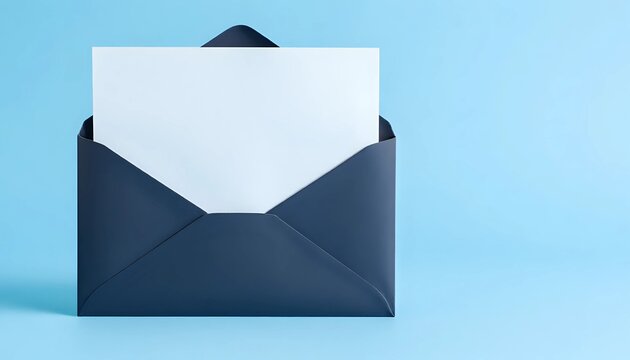 Navy blue envelope with blank white card on light blue background - minimal communication