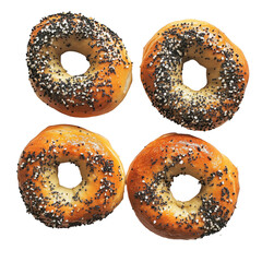 A variety of bagels arranged on a gray background, showcasing different shapes and textures.