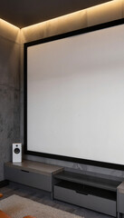 Fototapeta premium Large retractable projection screen in modern home theater, immersive viewing