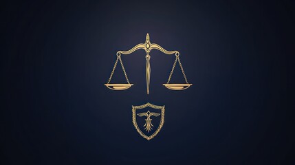 Golden legal scales and shield on dark background