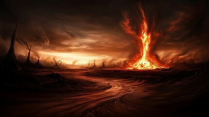 Fiery tornado devastates barren wasteland landscape