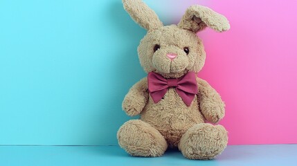 Fototapeta premium Plush bunny toy, seated, pastel background, Easter