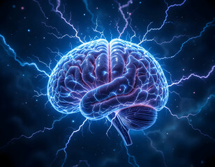 Human Brain Surrounded by Lightning Energy Concept of Mental Power