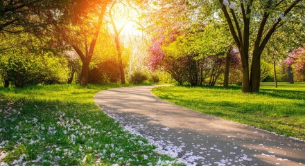 Serene park pathway lined with trees in bloom during spring sunset