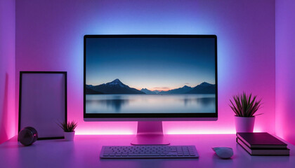 Digital workspace with soft LED lighting at night, a focused ambiance