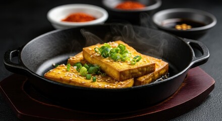 Steaming tofu dish garnished with green onions in cast iron skillet, spices and sauce background