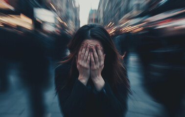 A woman is standing in the middle of a crowded street, covering her face with her hands and crying out