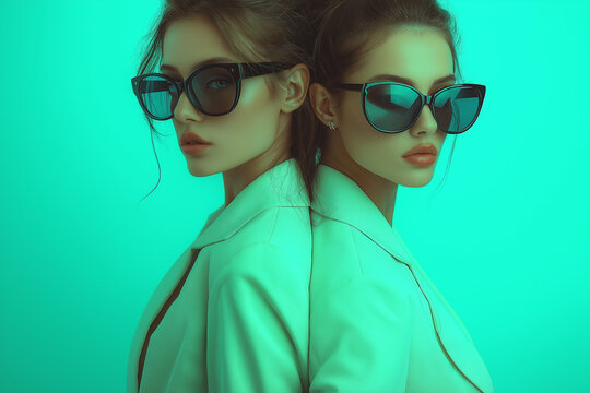 Portrait artistique de deux femmes en tailleur vert et lunettes noires sur fond turquoise, ambiance mode r&eacute;tro futuriste, modernit&eacute; et glamour minimaliste