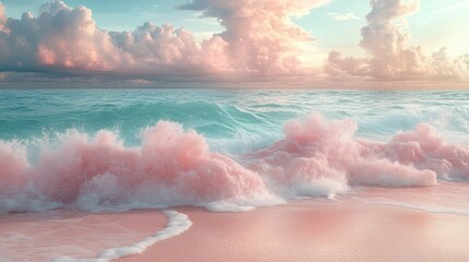 Pink beach sunrise, soft waves, pastel clouds