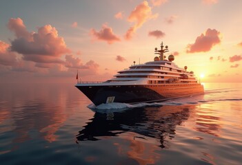 Fototapeta premium luxury cruise ship stunning sunset backdrop ocean horizon serenity waves reflection calm waters, sky, clouds, nature, yacht, tropical, marine, paradise