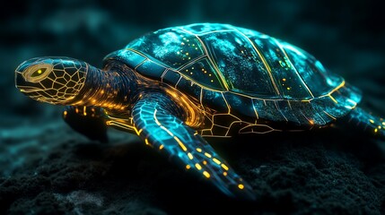 Fototapeta premium Glowing sea turtle swimming through the ocean depths, dark underwater background