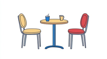 Two chairs and table with drinks, cafe scene, simple illustration, for use in design