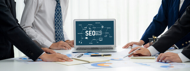 SEO search engine optimization for brisk e-commerce and online retail business showing on computer...