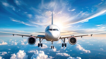 Naklejka premium Airplane with Sunlight an edge of blue sky with clouds. AI generated image