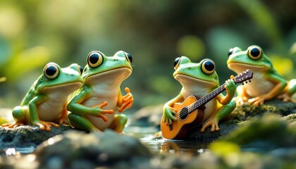 Naklejka premium Funny Frogs Playing Guitar in Nature Scene