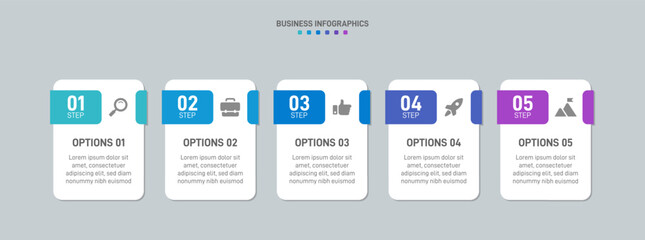 Horizontal progress bar featuring 5 arrow-shaped elements, symbolizing the five stages of business strategy and progression. Clean timeline infographic design template. Vector for presentation