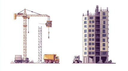 Construction site, crane, demolition, building, progress, urban, future, cityscape, illustration