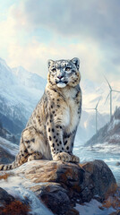 Obraz premium A majestic snow leopard perches on a rock, overlooking a stunning mountainous landscape with windmills in the background, symbolizing nature and wildlife conservation.