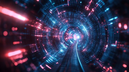 Obraz premium Navigating a Futuristic Tunnel with Glowing Lights and Rails Perspective