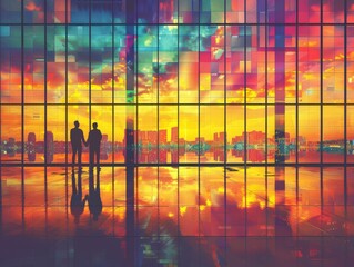 Silhouettes two businessmen standing before glass window with futuristic digital mosaic overlay, overlooking colorful city skyline, representation modern corporate vision, technological advancement.