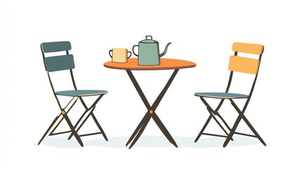 Outdoor bistro set, tea, chairs, table, simple, illustration