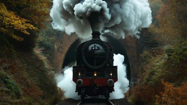 A steam train is traveling through a tunnel. The smoke from the train is billowing out of the tunnel