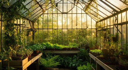 Bright greenhouse filled with diverse, thriving plants during golden hour