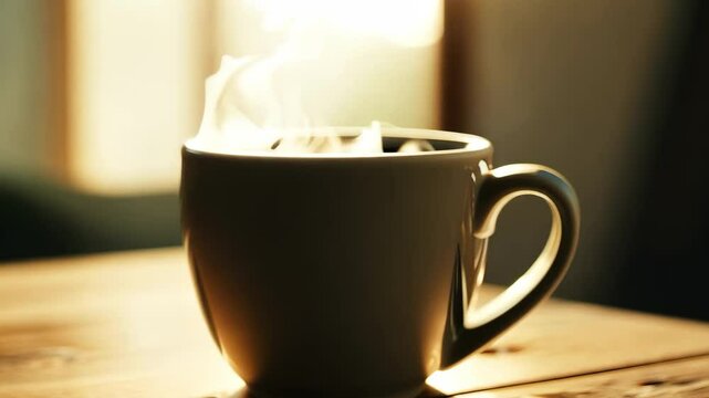 A white coffee cup sits on a wooden table. The cup is half full and the sunlight is shining on it