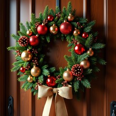 festive wreath winter greenery ornaments holiday decor traditional celebration, pine, evergreen, garland, red, accessory, floral, branch, take, twig, bow