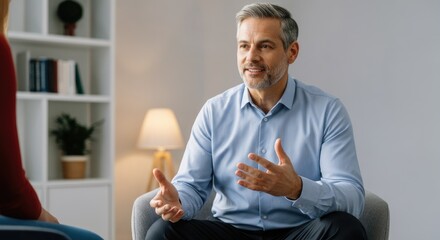 Mature man counseling woman in modern office setting