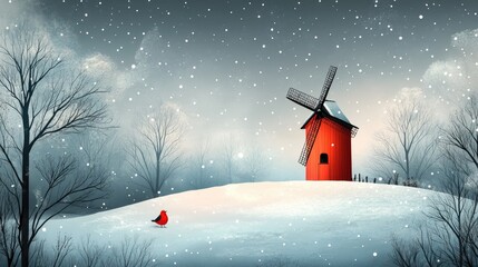 Snowy Winter Landscape Red Mill, Bird, Snow