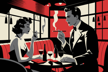 Stylish Vintage Couple Enjoying Drinks in a Classic Red and Black Bar Scene
