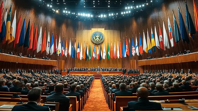 Grand assembly in a large hall with flags, leaders addressing global issues, focused audience